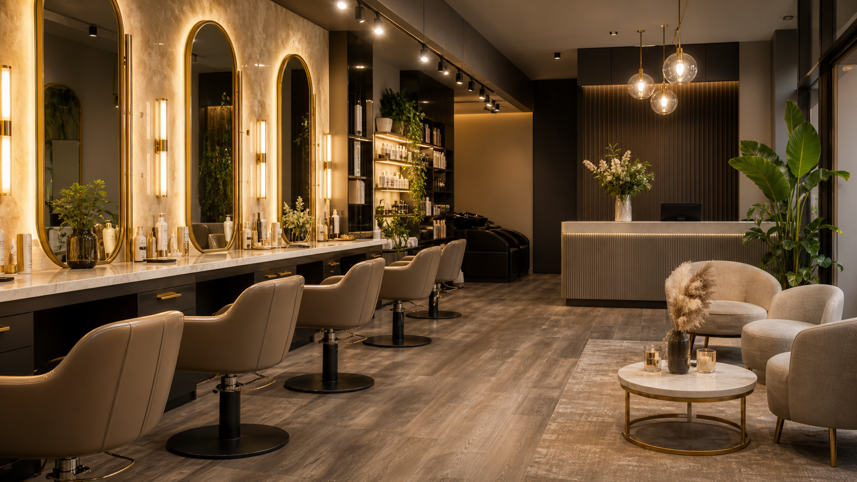 Interior premium de salon cu oglinzi elegante, lumină caldă și posturi de lucru rafinate